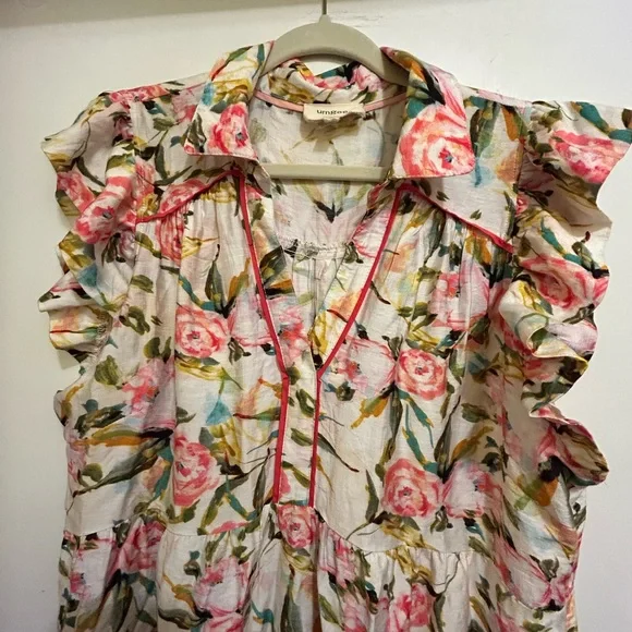Umgee Womens Ruffled Sleeveless Off White Dress w/pink flowers & Foliage,Sz XL - Picture 2 of 8